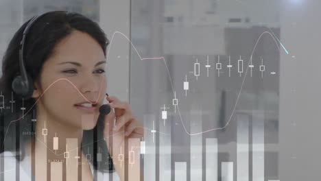 Animation-of-financial-and-statistic-data-processing-over-businesswoman-wearing-phone-headset