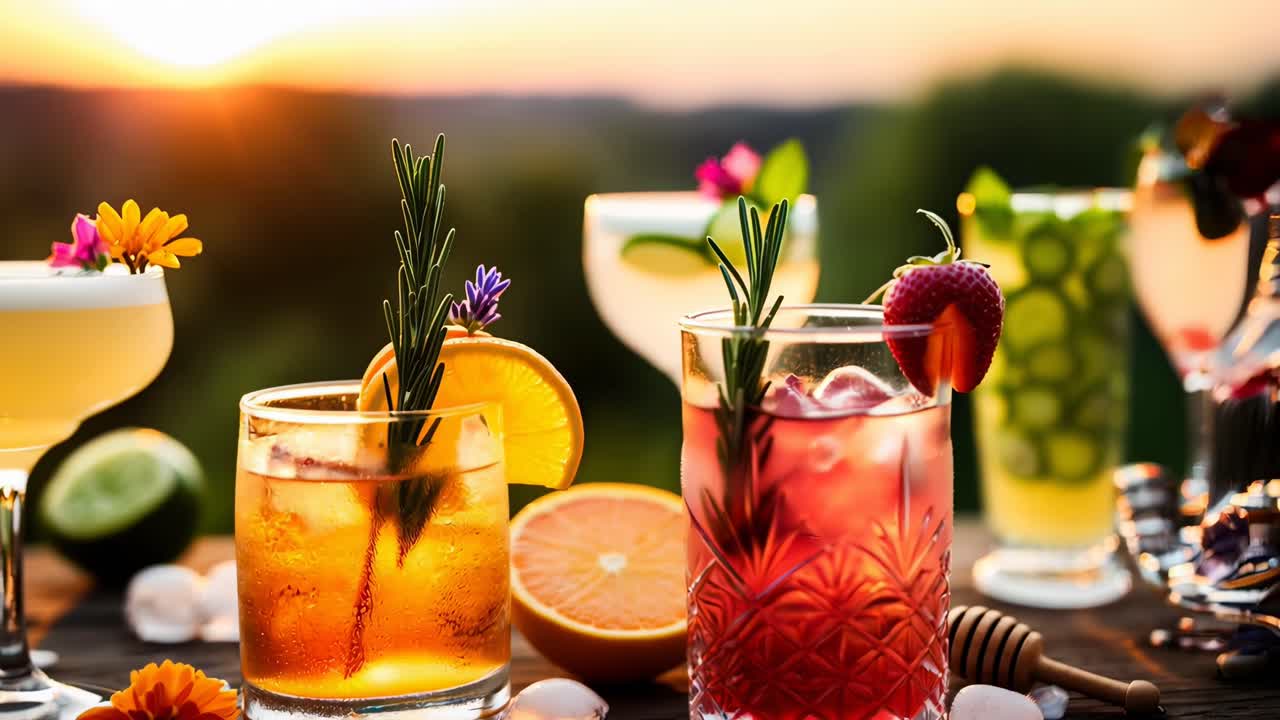 Lebendige Cocktails auf einem Tisch bei Sonnenuntergang, in Nahaufnahme festgehalten, perfekt für ein Sommervideo.