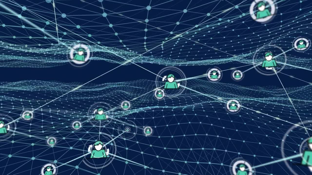 Animation of network of connections with people icons over mesh