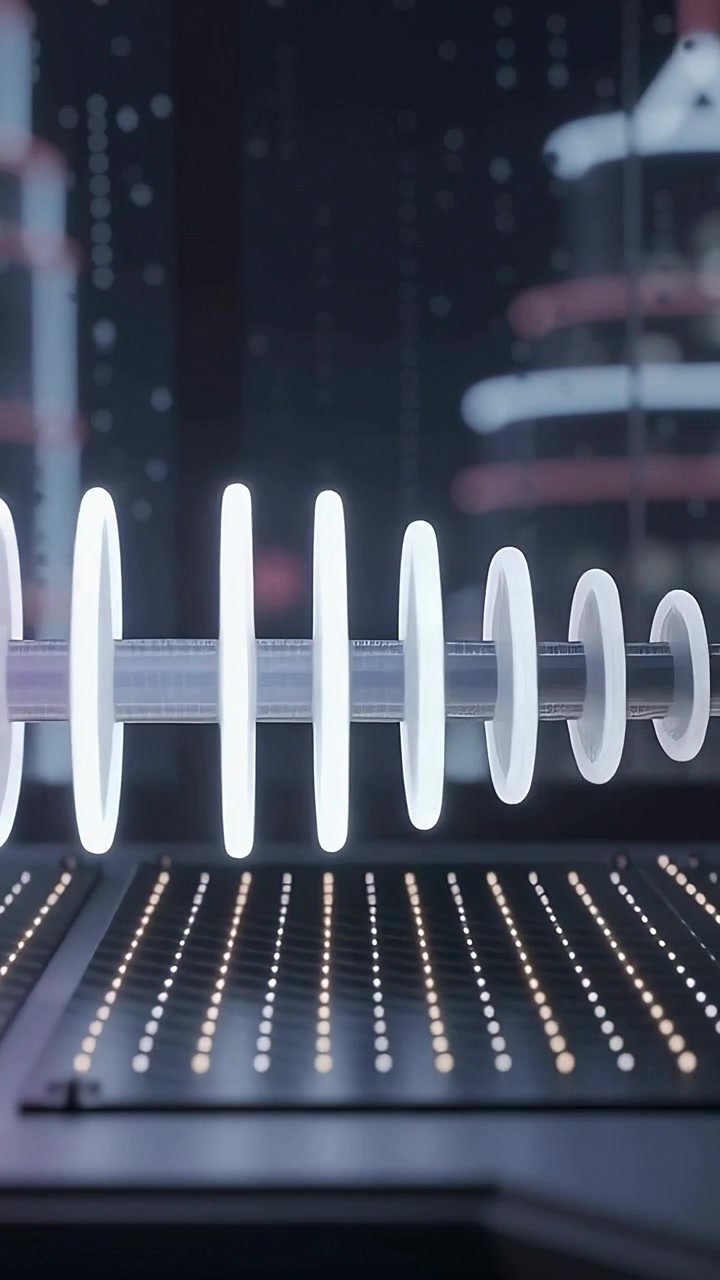 Vertical video: Entering actuator shifting disc rings along shaft on LED grid showing light change