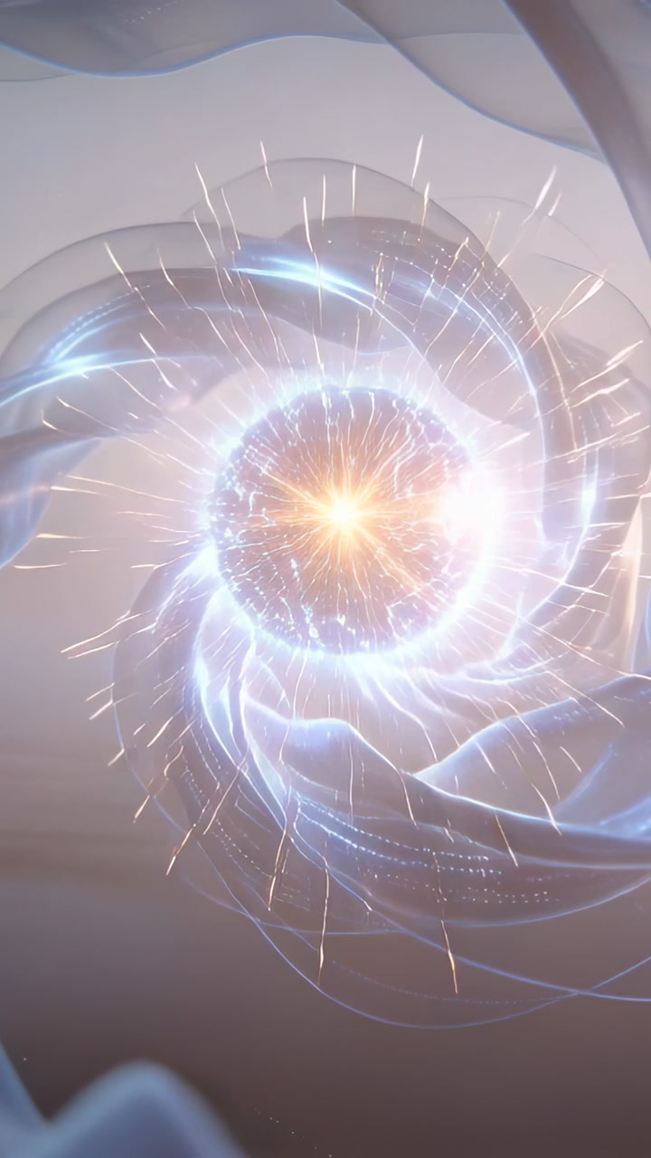 Vertical video: Pulsing glowing orb drawing ribbons inward in void, emitting sparks, forming vortex