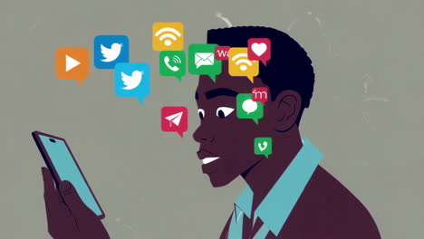 man interacting with social media and digital information on a smartphone