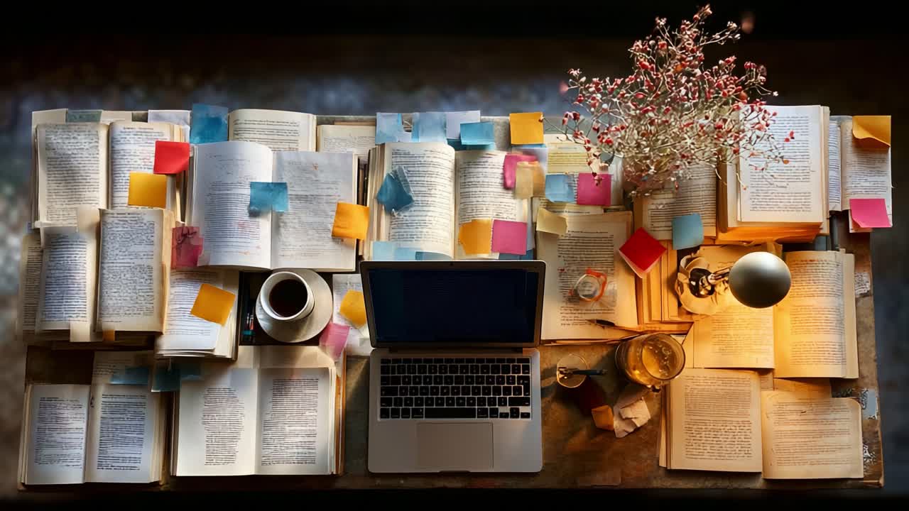 A Cluttered Workspace Filled with Open Books, Colorful Sticky Notes, a Laptop, and a Warm Lamp, Perfect for Learning, Writing, and Studying in a Cozy Environment