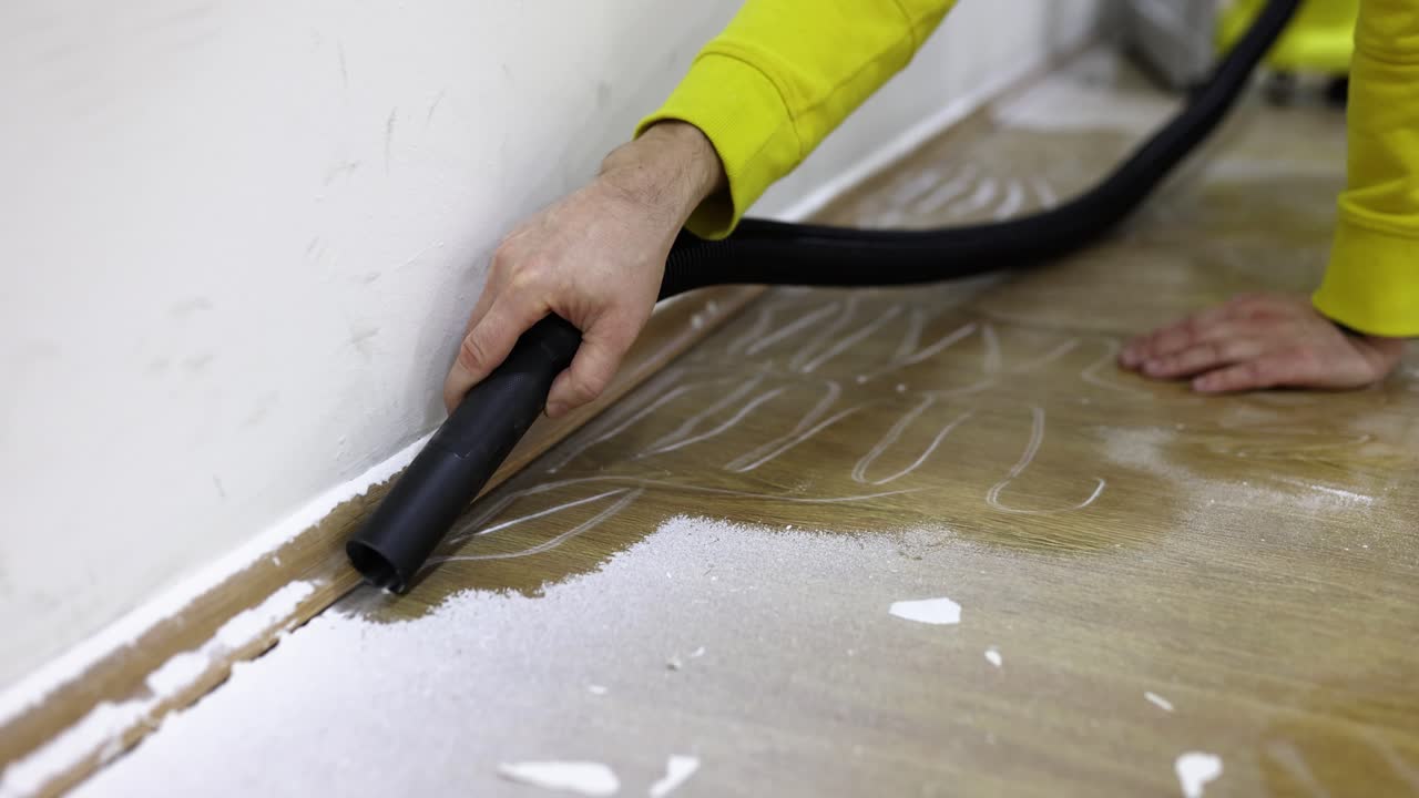 Person vacuuming white debris from a wooden floor