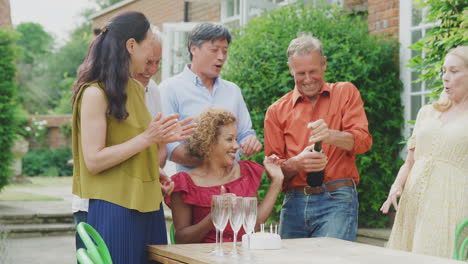 grupo de amigos maduros en una fiesta de cumpleaños sorpresa para una mujer en el jardín con pastel y champán