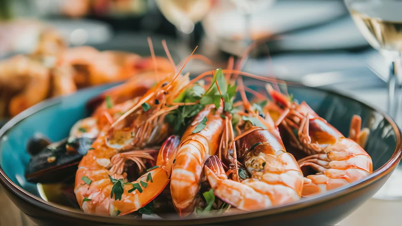 Shrimps and mussels garnished with parsley are served in a bowl, ready to be enjoyed during a meal with glasses of white wine in the background