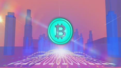 bitcoin symbol over binary coding data processing against cityscape in background