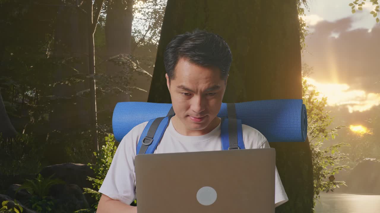 숲의 자연을 탐험하는 동안 노트북을 사용하여 산악 배을 가진 아시아 남성 하이커의 클로즈업