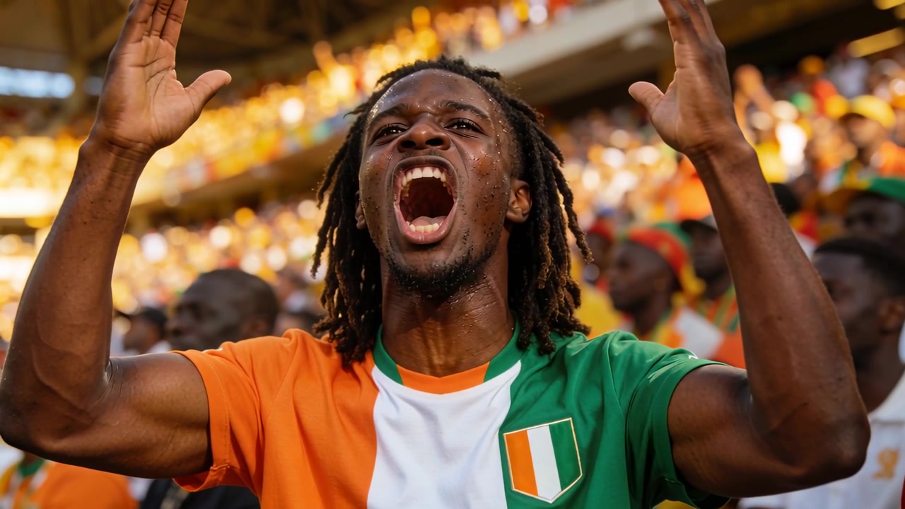 Un tifoso maschio urlante alza le braccia, reagendo al gioco in campo nello stadio, indossando una maglia arancione.