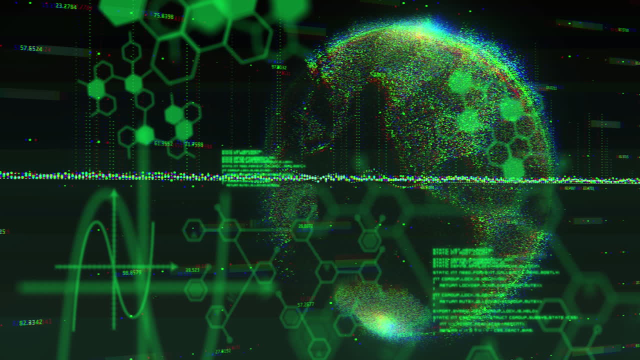 검은 바탕에 전 세계 과학 데이터의 애니메이션