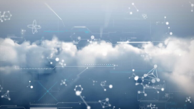 Animation of networks and data processing over cloudy sky