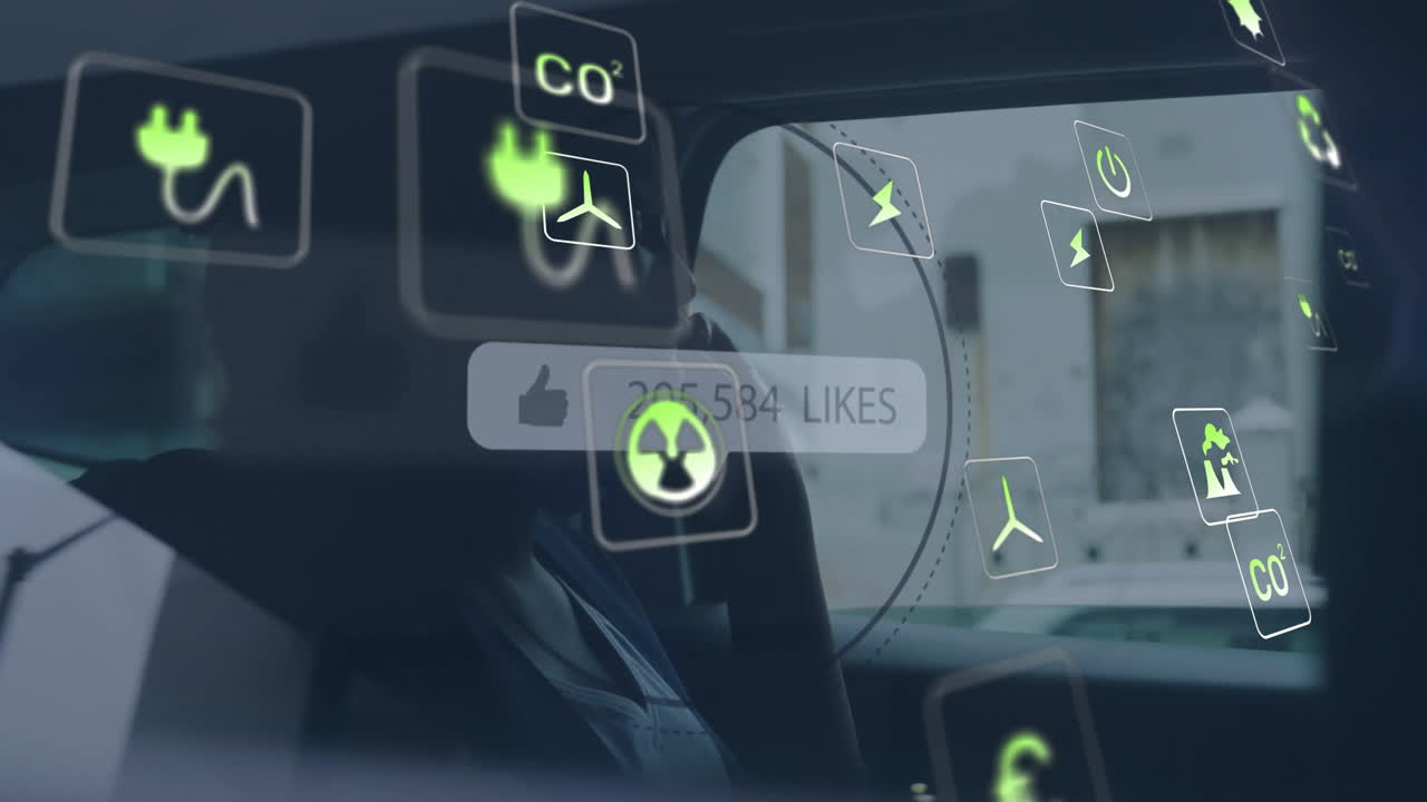 자동차에서 스마트폰을 사용하는 여성에 대한 생태 아이콘과 데이터 처리의 애니메이션