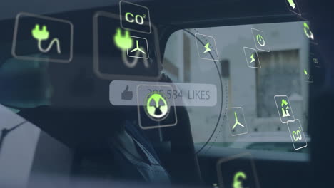 animación de iconos ecológicos y procesamiento de datos sobre mujer usando teléfono inteligente en el coche