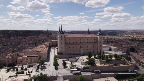 establishing shot of alcazar de toledo fortification in spain, aerial