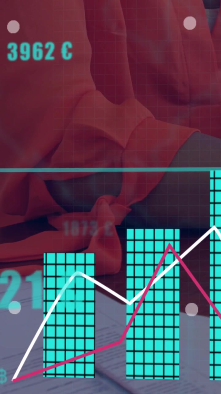 Vertical video: Woman over papers, overlay loading and animating finance chart over desk, C labels