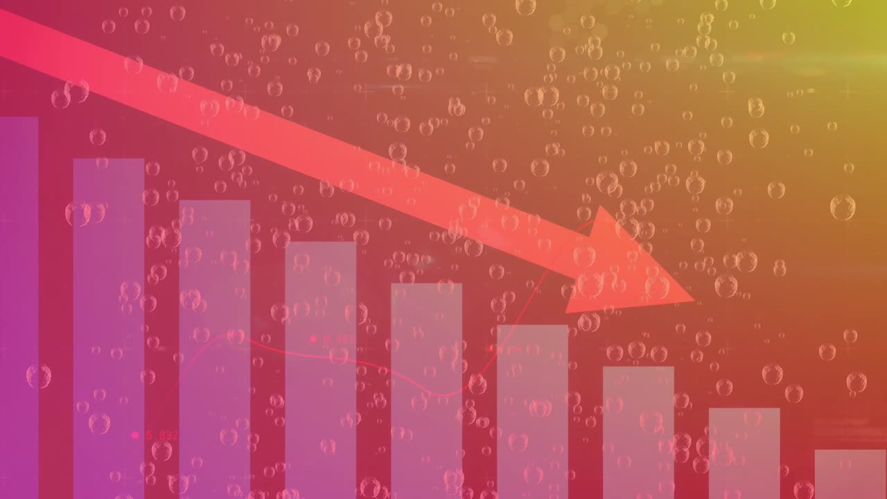 추상적인 배경에 반복되는 거품 위에 떨어지는 화살표와 그래프의 애니메이션