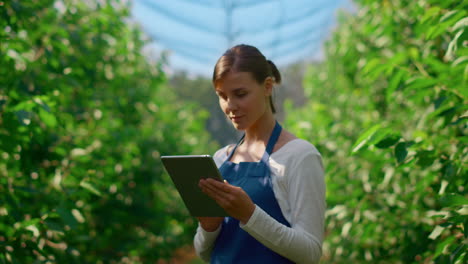 woman gardener inspecting trees with technological device in big plantation