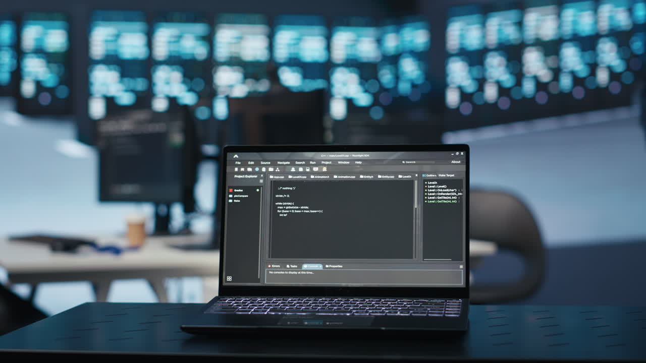 centrarse en el guión que se ejecuta en la computadora portátil en la sala del servidor, toma de primer plano