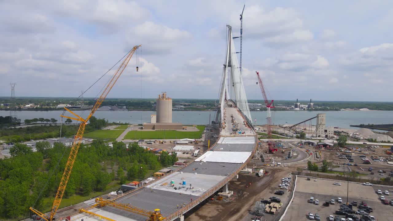 Approaching shot of Gordie Howe international bridge construction in final phase