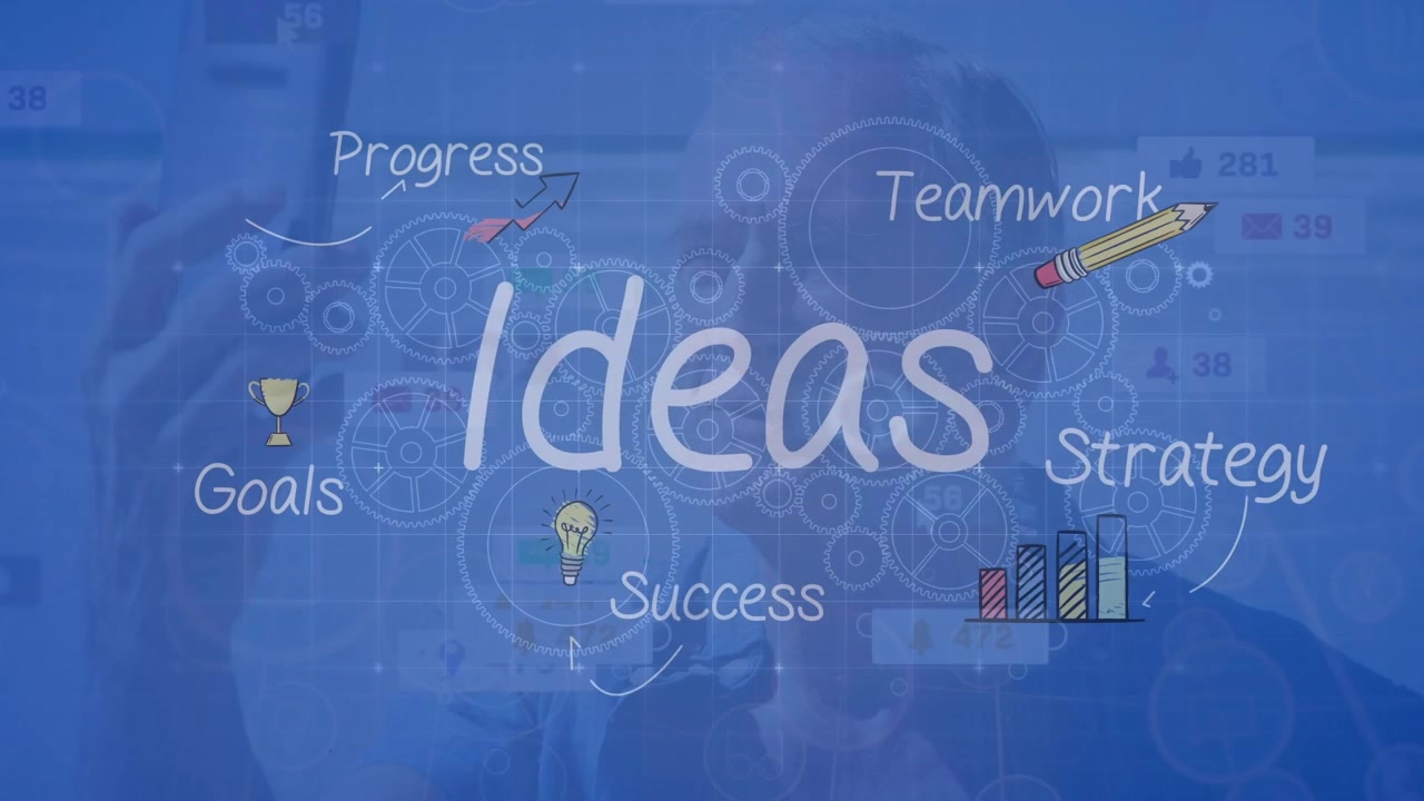 Animation of ideas text with icons over caucasian men using smartphone