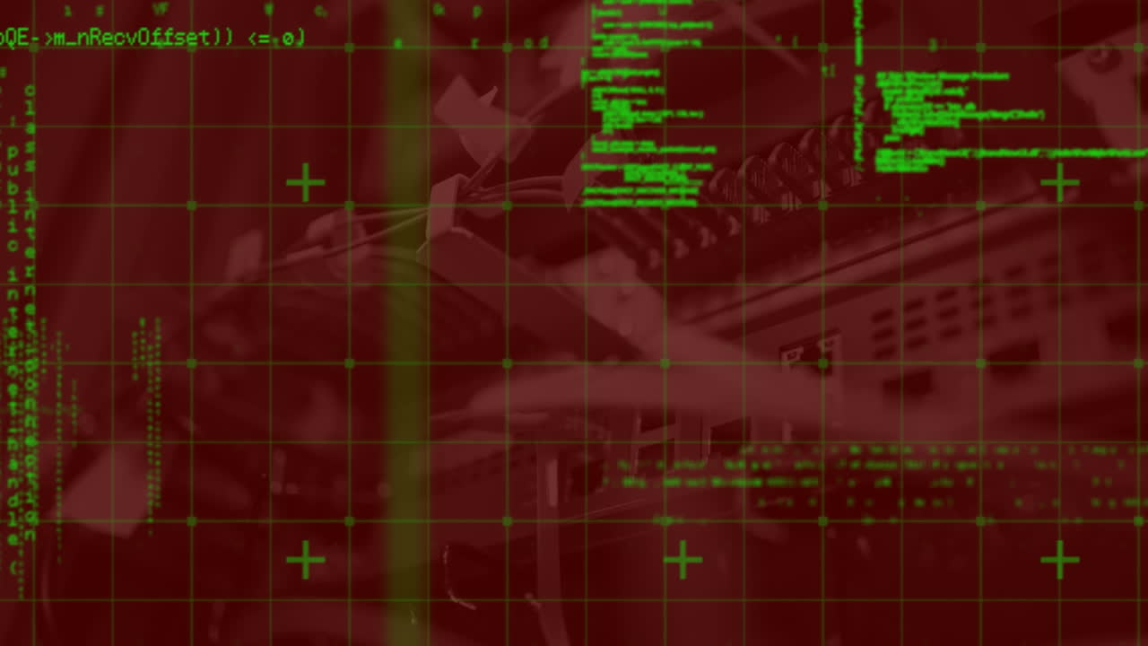 컴퓨터 서버의 클로즈업에 대한 그리드 네트워크를 통해 데이터 처리의 애니메이션