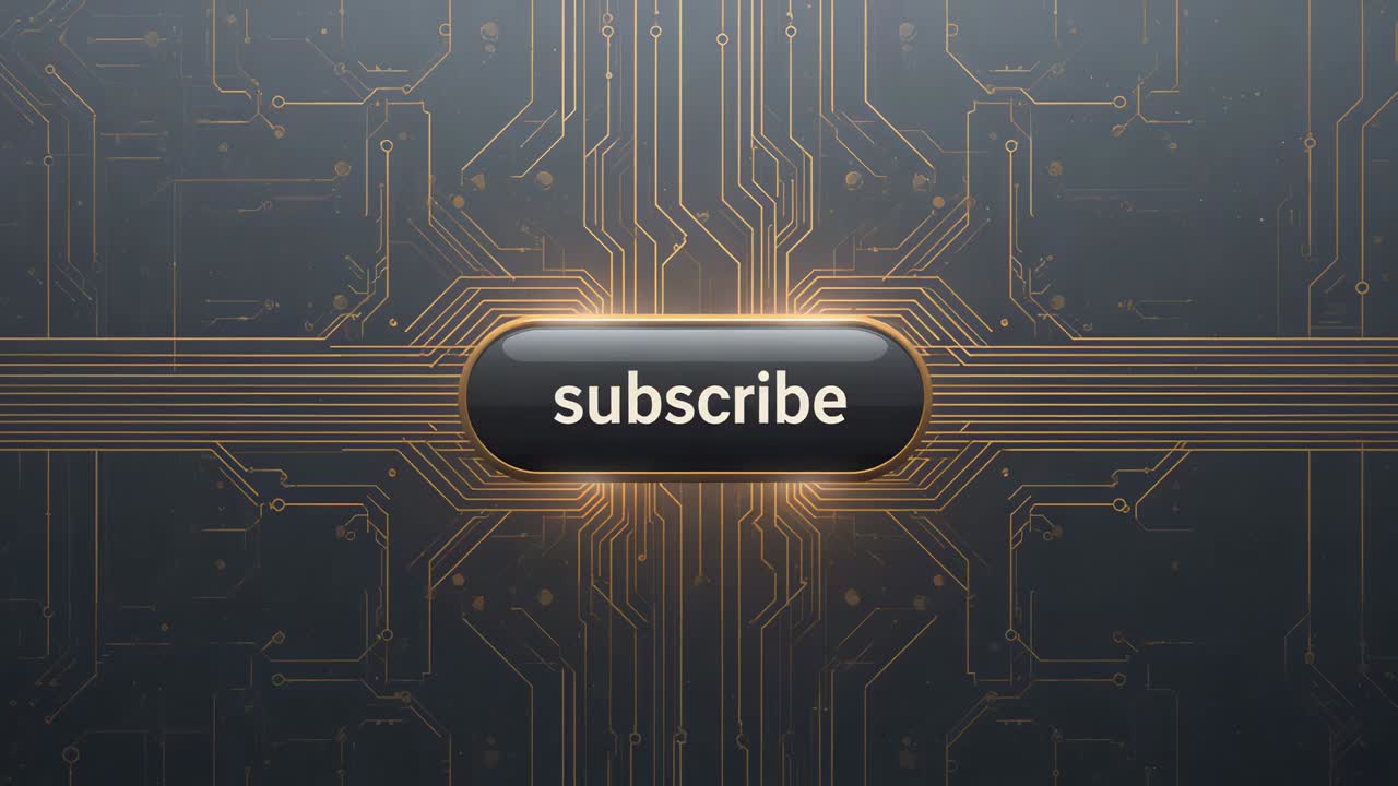 Moving white hand cursor hovering toward center subscribe button on circuit traces to subscribe