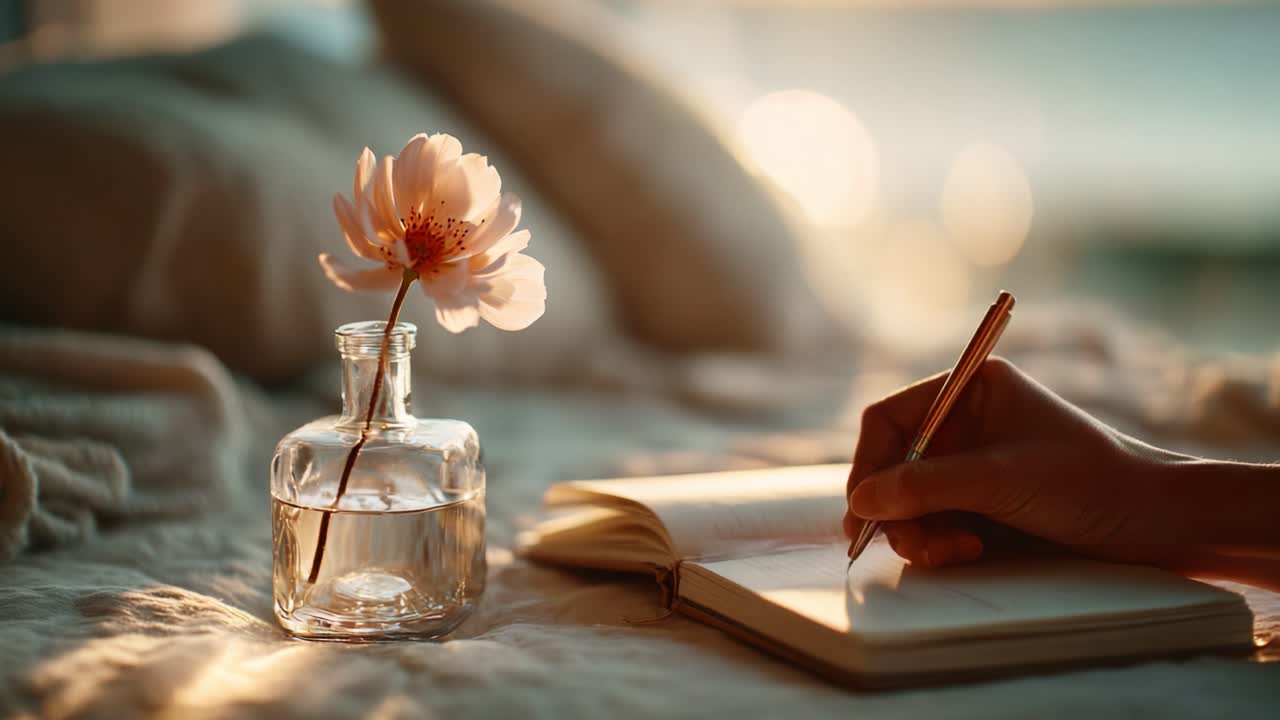 A Moment of Reflection: Writing in a Journal with a Beautiful Flower in a Glass Vase on a Bed, Capturing the Essence of Serenity and Inspiration