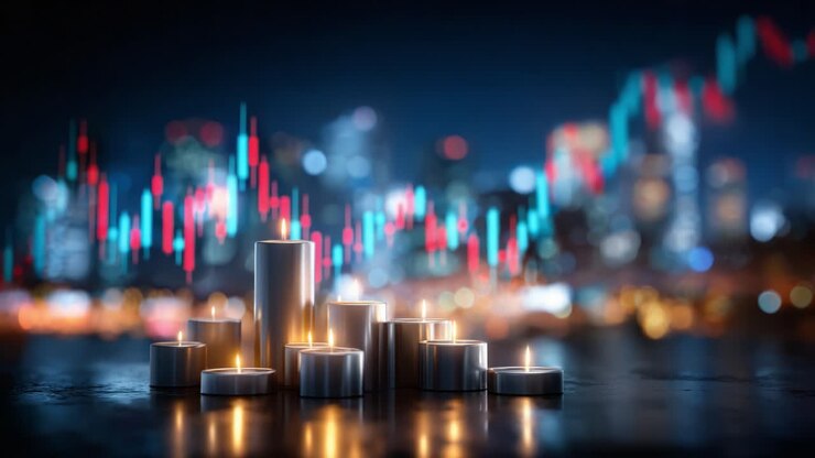 Una miscela trascendente di candele e grafici finanziari illumina la notte, unendo tranquillità e dinamiche di mercato in un'affascinante scena urbana