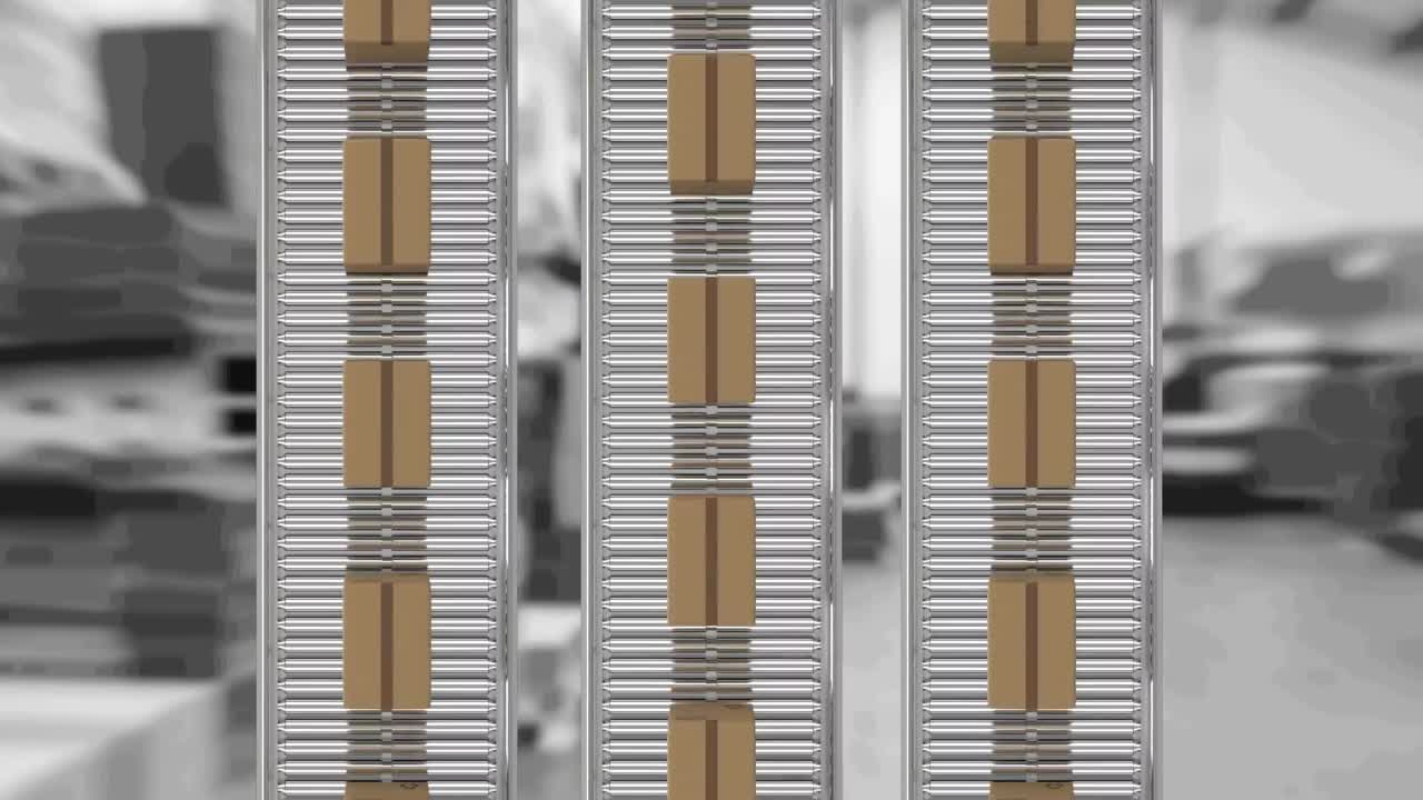 animación de cajas de cartón que se mueven en cintas transportadoras en el almacén
