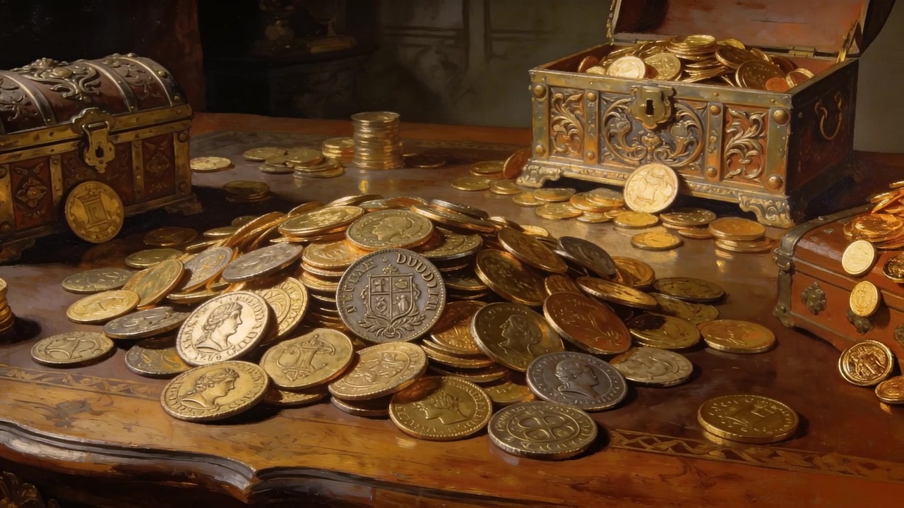 Shifting camera revealing embossed coin designs on center gold mound atop wood table, ornate chests