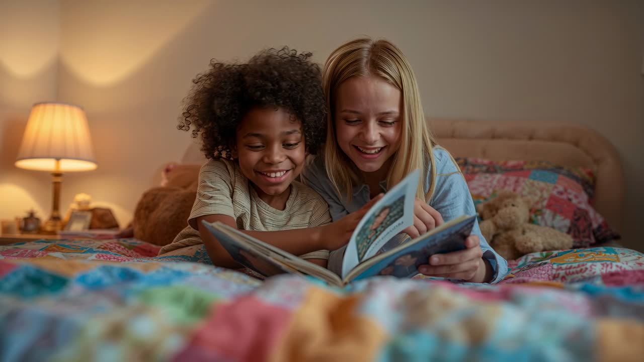Video verticale: Sorella vestita di blu che gira pagina e condivide un libro sul letto con un bambino con maglietta beige che indica le pagine.