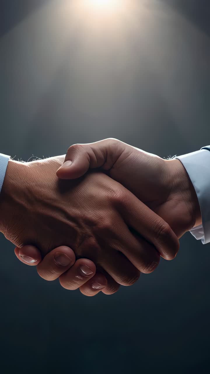 Vertical video: Meeting hands, two men sealing agreement under spotlight, shirt cuffs visible