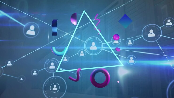Animation of network of connections over blue light triangle and abstract shapes