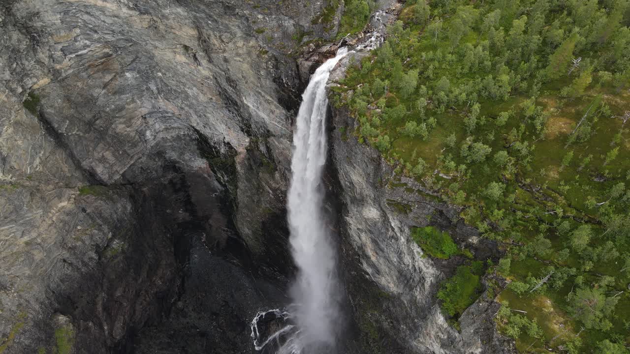 Vettisfossen waterfall and canyon made by the water in Norway. Drone footage