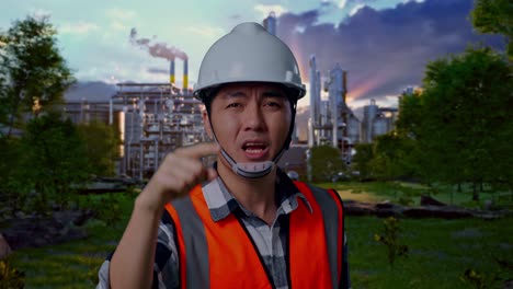 close up of angry asian male engineer with safety helmet shouting at someone while standing in front of oil refinery