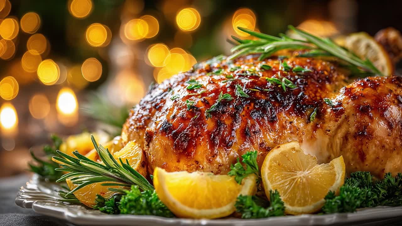A Deliciously Roasted Chicken Garnished with Fresh Herbs and Citrus, Perfectly Grilled to a Golden Crisp, Set Against a Festive Background of Soft Bokeh Lights