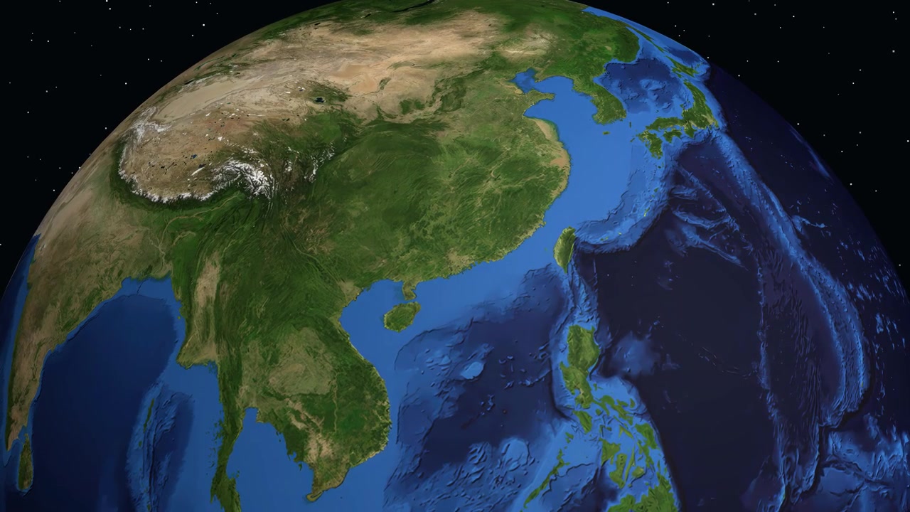 Animazione digitale che ingrandisce dallo spazio su Guangzhou, Cina, con coordinate geografiche e un indicatore di posizione