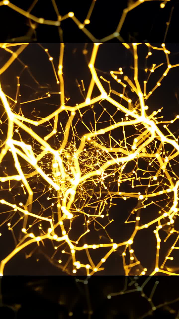 Vertical video: Diving inward, gold web growing, beads, bokeh, sparking, showing core, bars in void