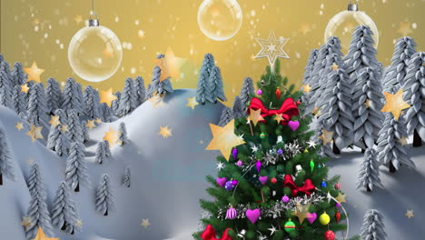 animación de felices vacaciones texto sobre el árbol de navidad y decoraciones