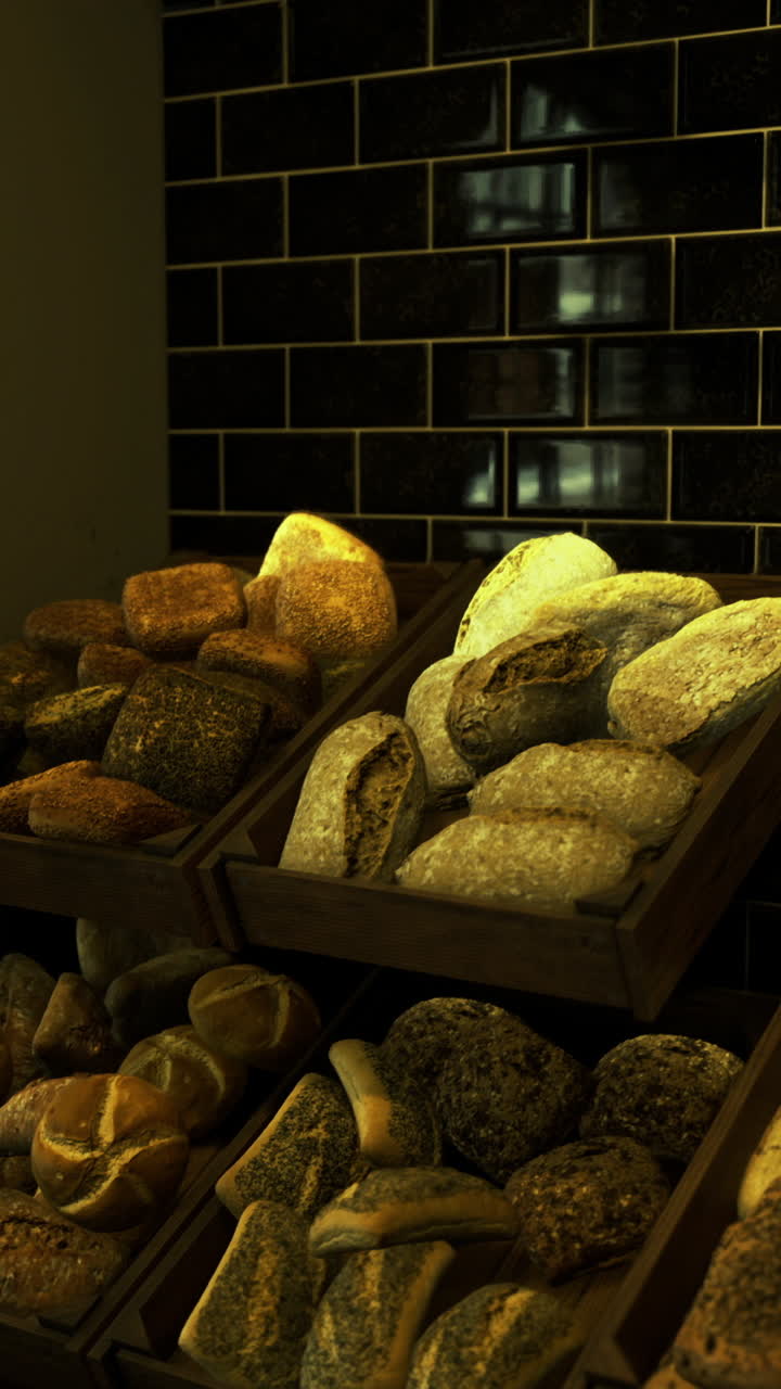 Freshly baked bread displayed in a cozy bakery during morning hours