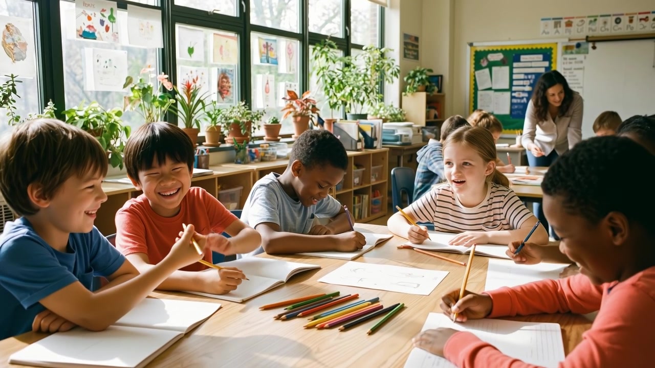 Diverse group of elementary school children sitting at desks and learning in a bright modern classroom