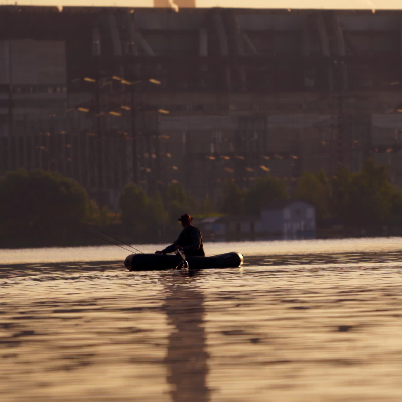 Old man in inflatable boat sailing in the evening. Fisherman in a rowboat with two oars on the background of a big plant. Man tries to find a good place for fishing in the river.