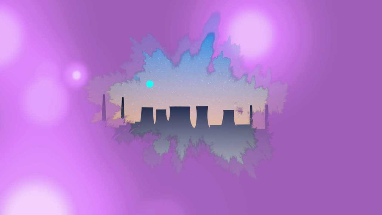 Colorful gradient animation over abstract cityscape silhouette on purple background