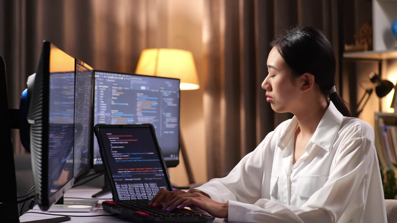 programadora asiática con una tableta creando ingeniero de software desarrollando aplicación, programa, videojuego en computadora de escritorio en casa. terminal con lenguaje de codificación