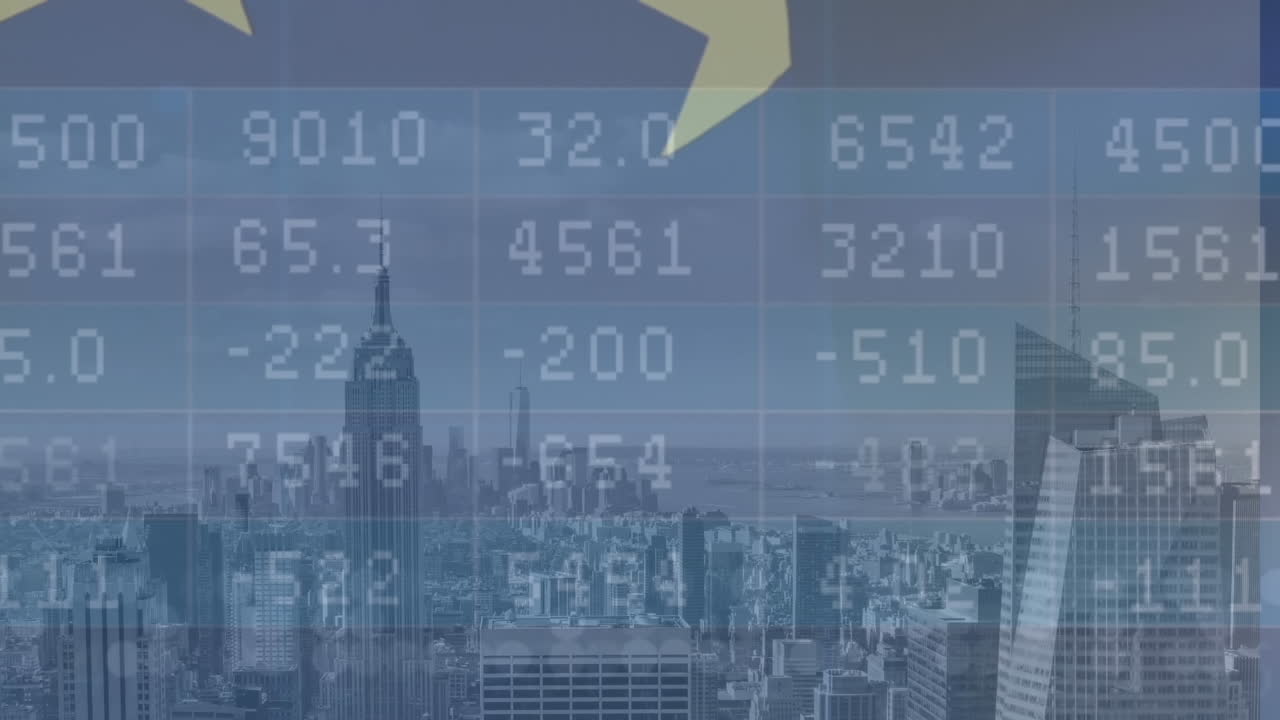 데이터 처리 및 도시 풍경 위의 별의 애니메이션