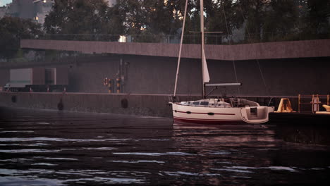 sailboat docked at a marina in the city