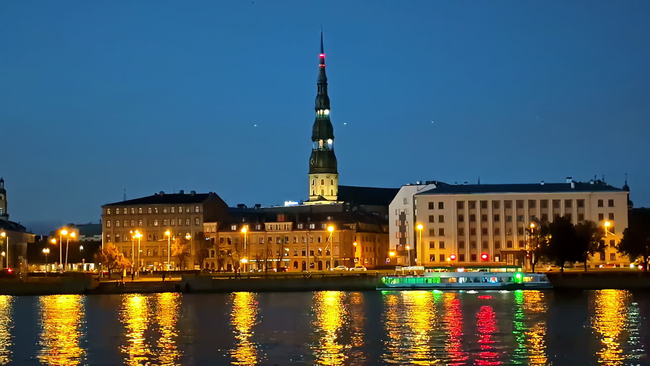 Night View of Riga, Latvia with St. Peter's Church
