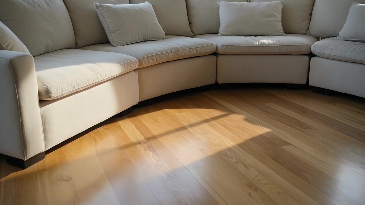 Tilting camera revealing curved cream sectional sofa in sunroom, showing sunlight patch on floor