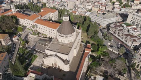 aerial orbits ancient church of the annunciation in downtown nazareth