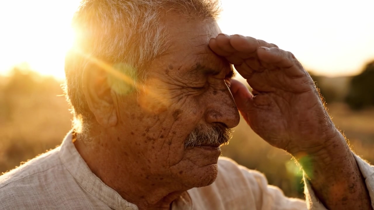 A Serene Portrait of an Elderly Man in Nature, Capturing the Essence of Peace and Reflection Amidst a Golden Sunset Landscape